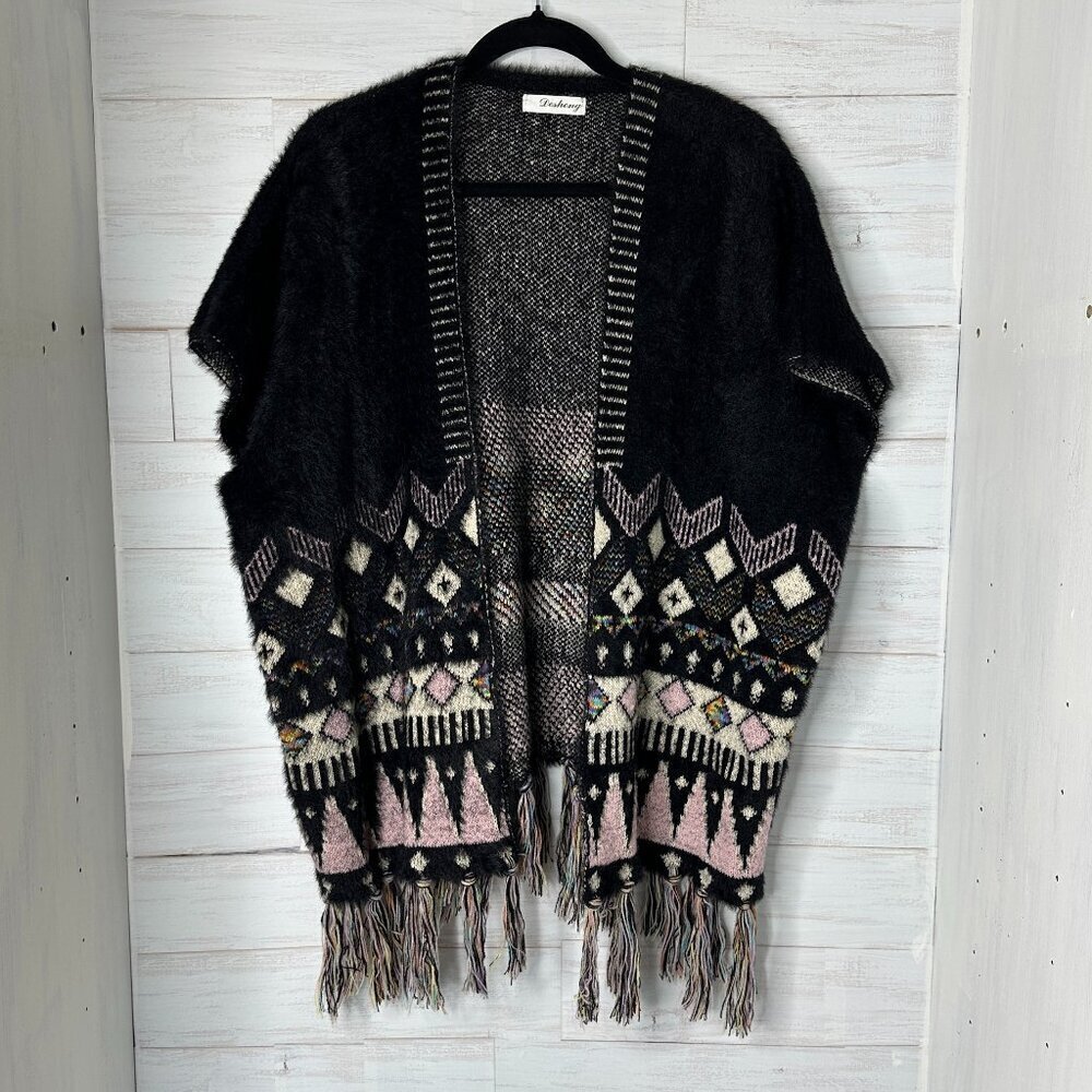 Desheng Black Patterned Multicolor Fair Isle Cardigan/Poncho/Wrap - Size - OS